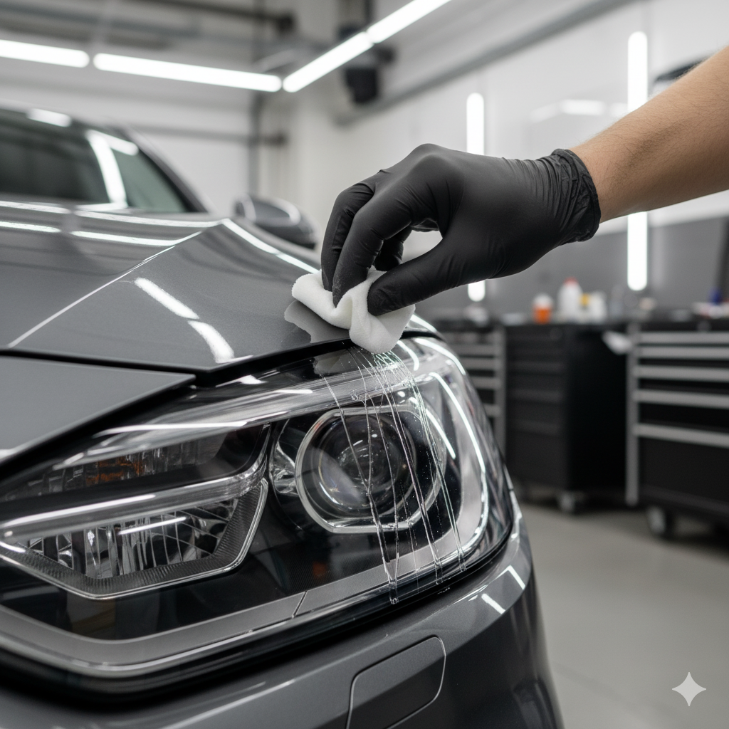 A man wearing black nitrile gloves applying ceramic coating to a car headlight with a small microfiber sponge applicator. The garage background is slightly blurred, focus on the headlight and applicator. Professional car detailing photography, realistic lighting, natural shadows.