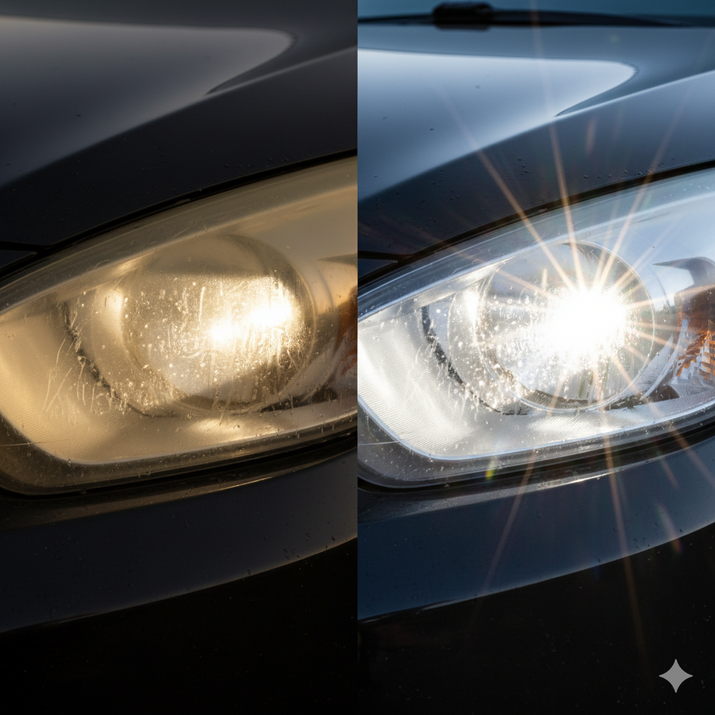 A split-screen close-up of a car headlight. Left side: cloudy, yellowed, oxidized plastic with scratches and dull surface. Right side: crystal-clear, glossy, and shiny headlight after ceramic coating. Add subtle shield overlay on the clear side with sunlight UV rays bouncing off. Realistic photography style, ultra-detailed, professional automotive look, dramatic lighting. Is Ceramic Coating Good for Headlights